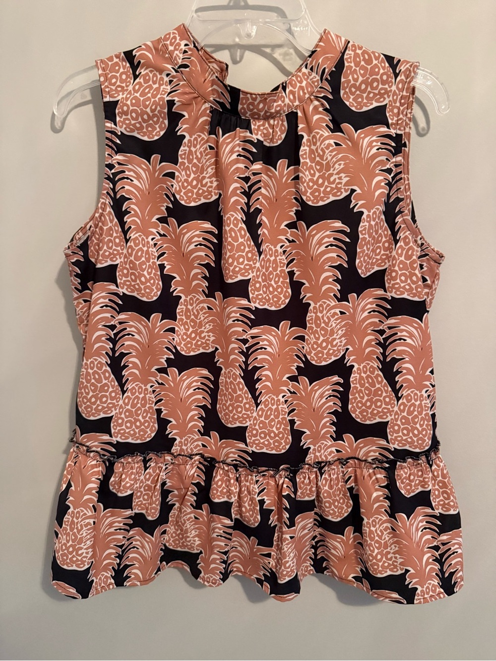 Joy Joy Pineapple Print Sleeveless Peplum Top - Black & Tan